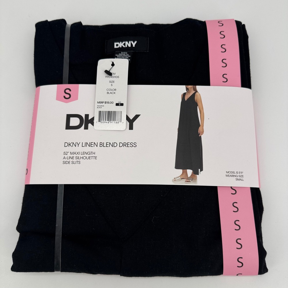 DKNY Women Black Linen Blend Maxi Dress A-Line Side Slit P61C8FZK Size S NEW